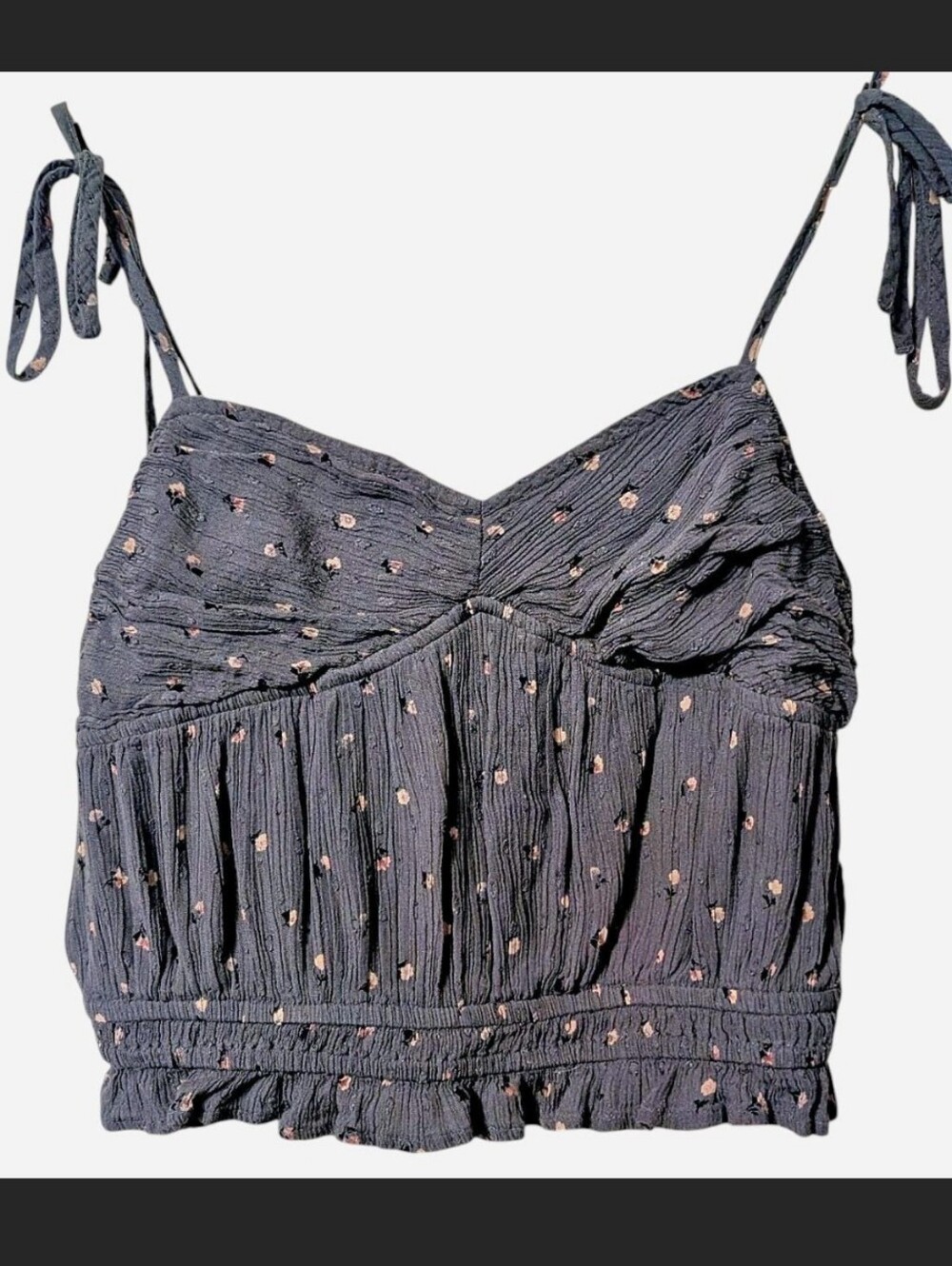 AE Floral Green-Grey Crop Smocked Cami w/ Tie Straps, Size XS